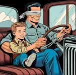boy driving in mans lap